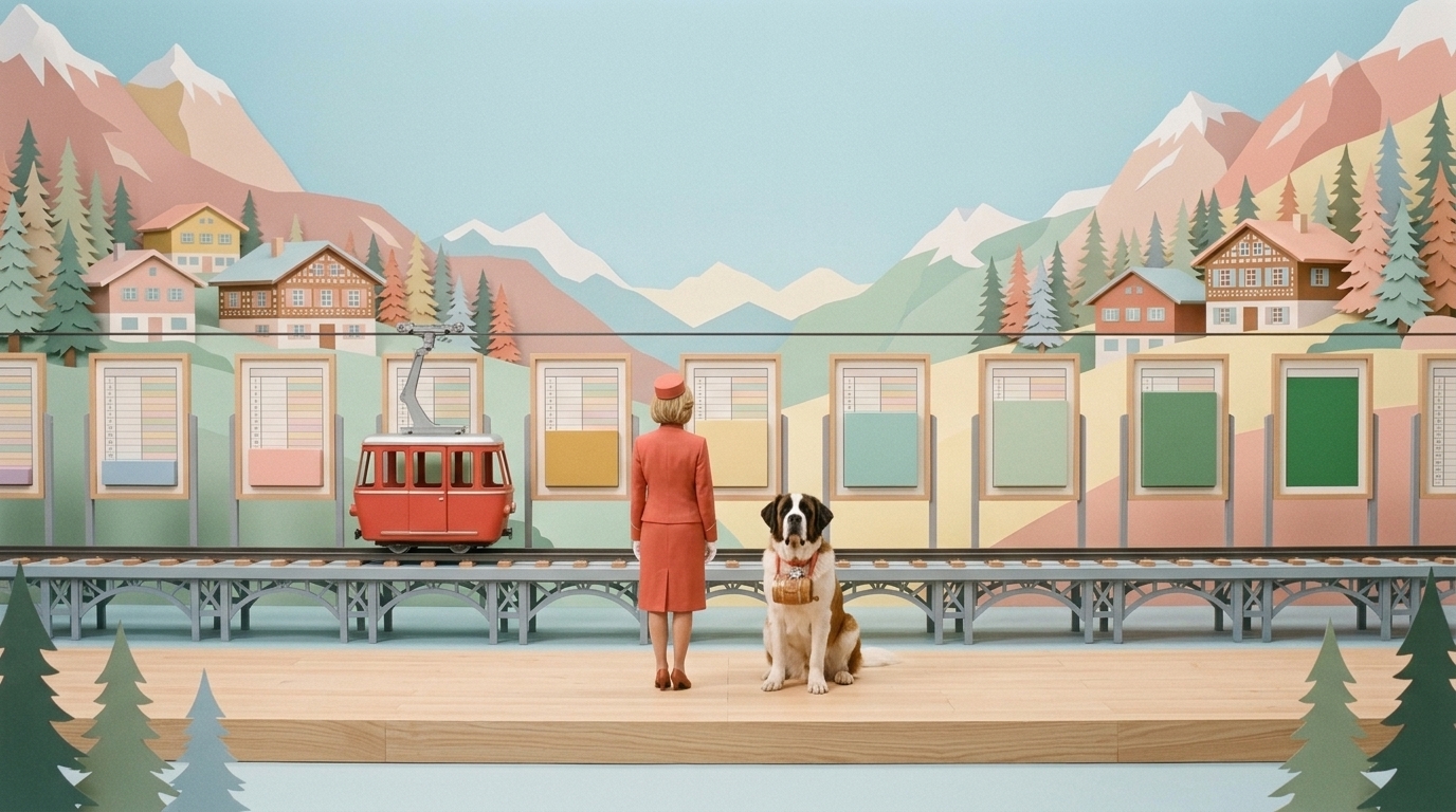 A paper-cut alpine scene with a red cable car gliding by