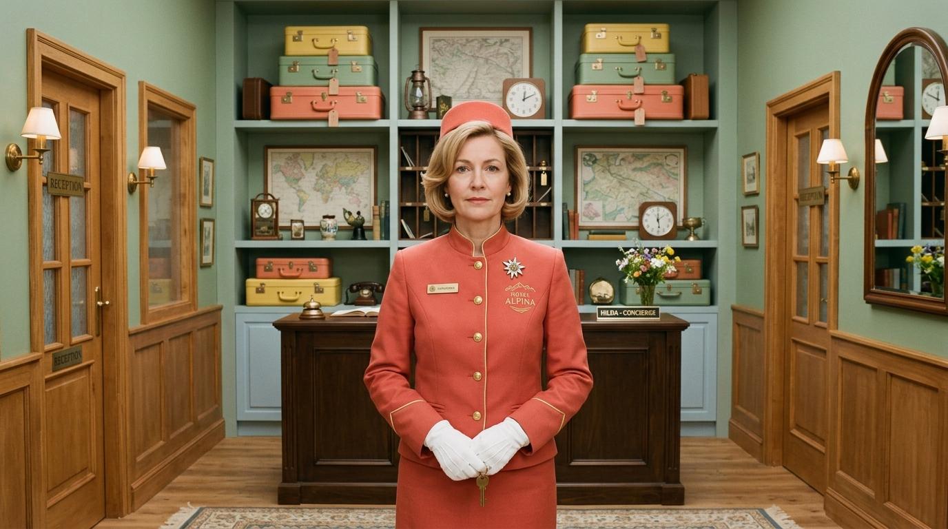 Hilda, a poised alpine concierge in a Swiss-red uniform