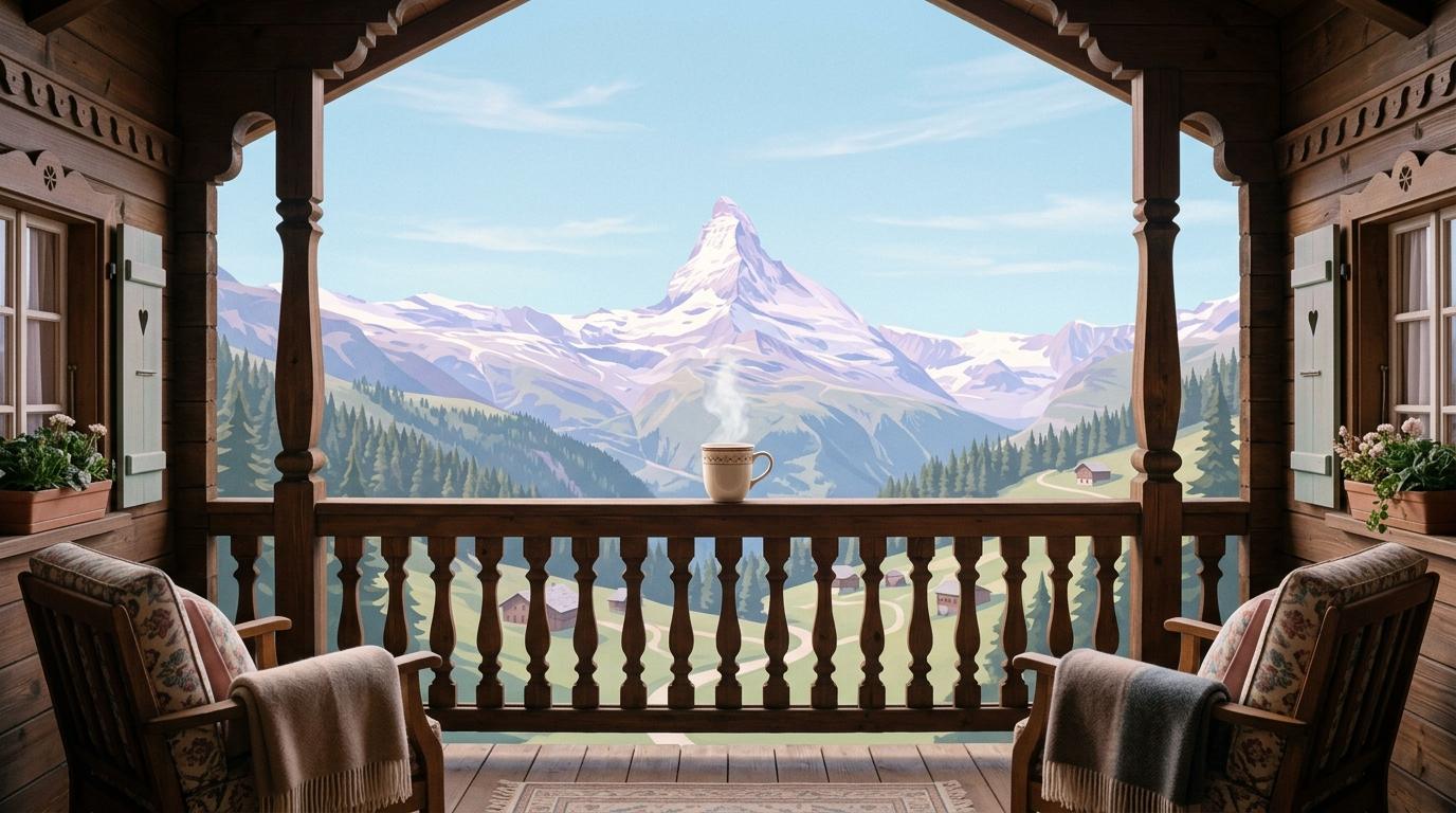 A calm alpine chalet balcony looking onto a snowy peak