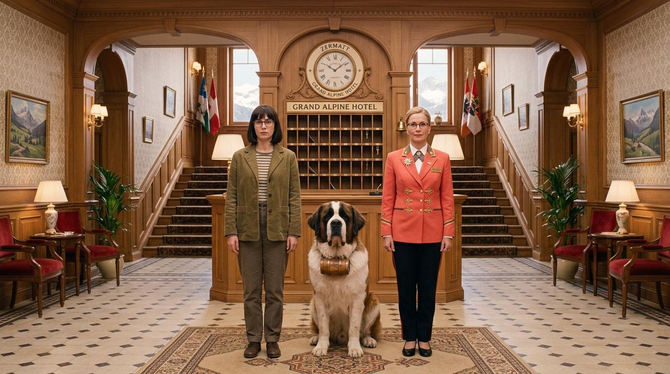 A host and Hilda with the Saint Bernard in a grand alpine hotel lobby
